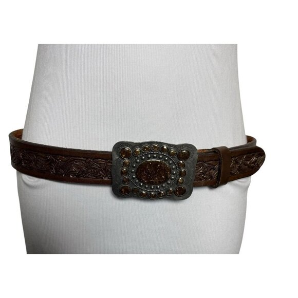 Vintage Tooled Leather Belt Size 38 Brown & Goldstone cabochons Womens Western - Picture 11 of 11